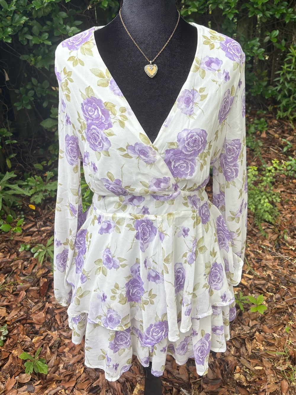 White Romper with Lavender Rose Floral Pattern and Ruffles
